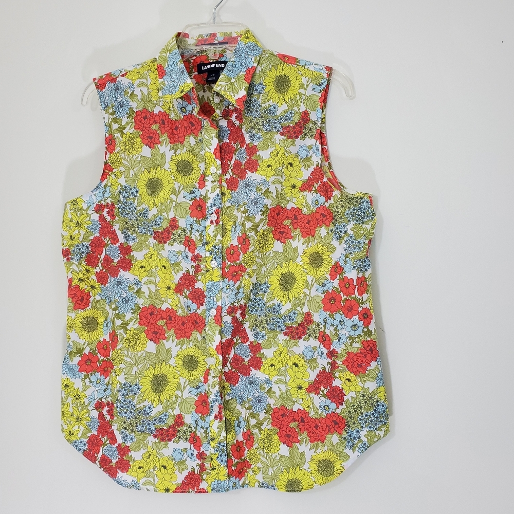 Lands End No iron 100% Supima Cotton Floral Sleeveless Blouse, Size 14